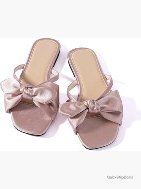 Satin Bow Flat Sandals Slide Open Toe Slip On Lightweight